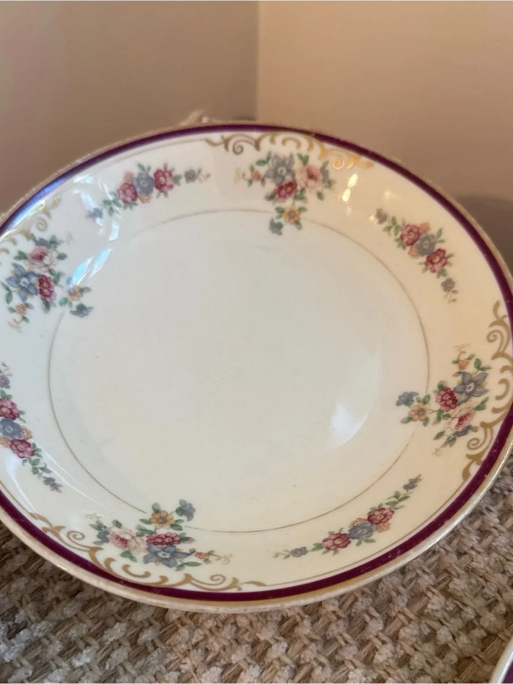 Vintage Bavarian China Dinner Plates - Ivory with Burgundy Accents